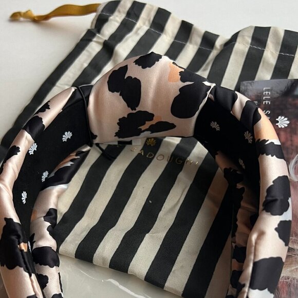 Lele Sadoughi Leopard Silk Knotted Headband Gold Logo NWT